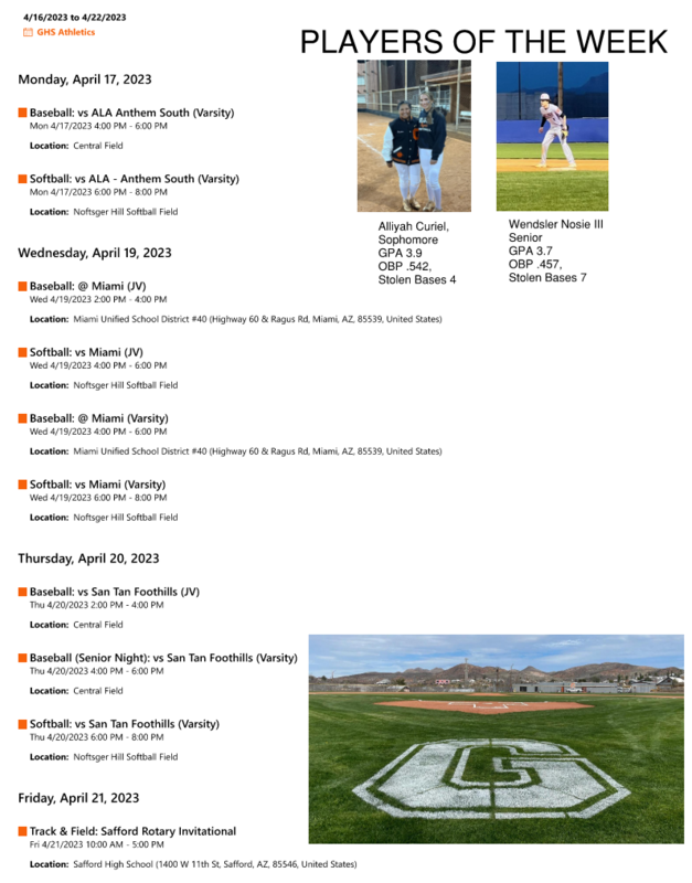 Tiger Athletics Calendar (April 17 - 22)